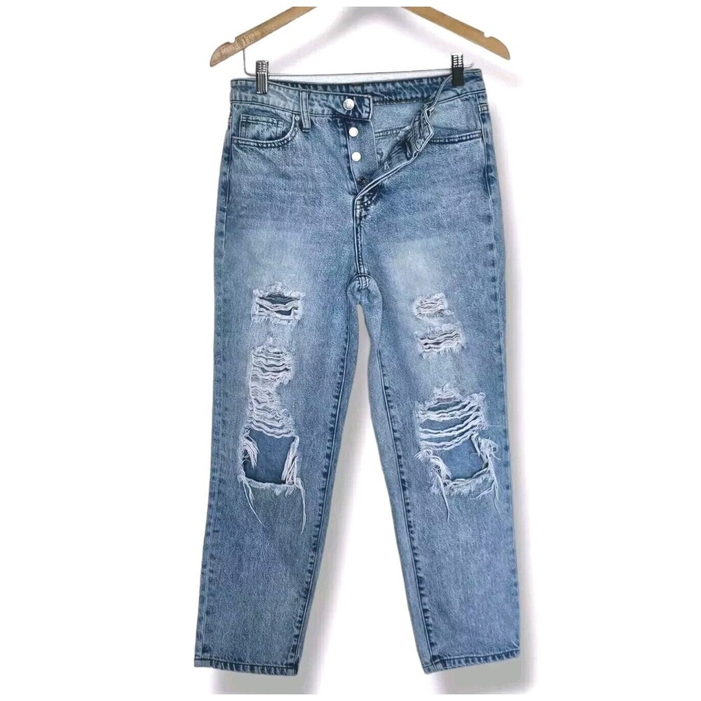 Simple Society Button Fly Jeans Womens 3/26 Cotton‎ Distressed Light Wash Denim